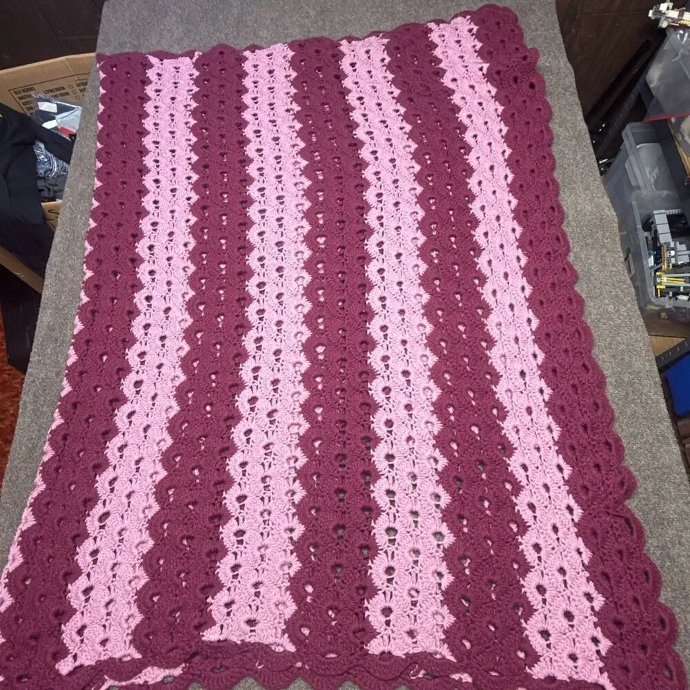 Vintage Crochet Afghan Blanket Pink Maroon Striped Shell Stitch Handmade 50x80
